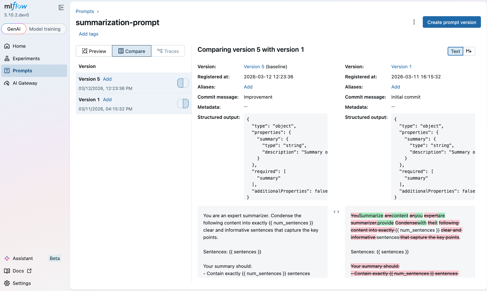 Compare Prompt Versions