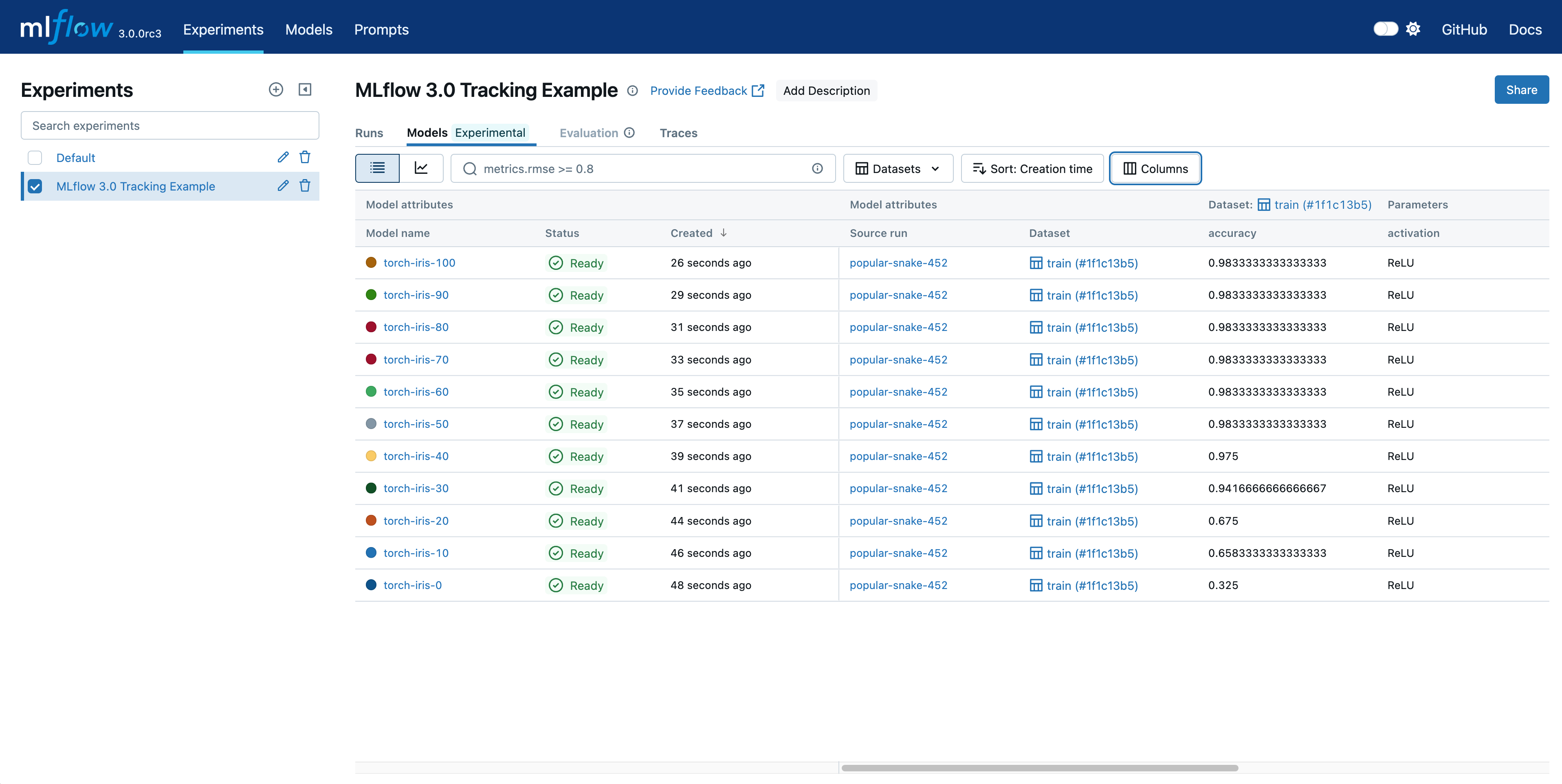 MLflow UI Experiment view page models tab