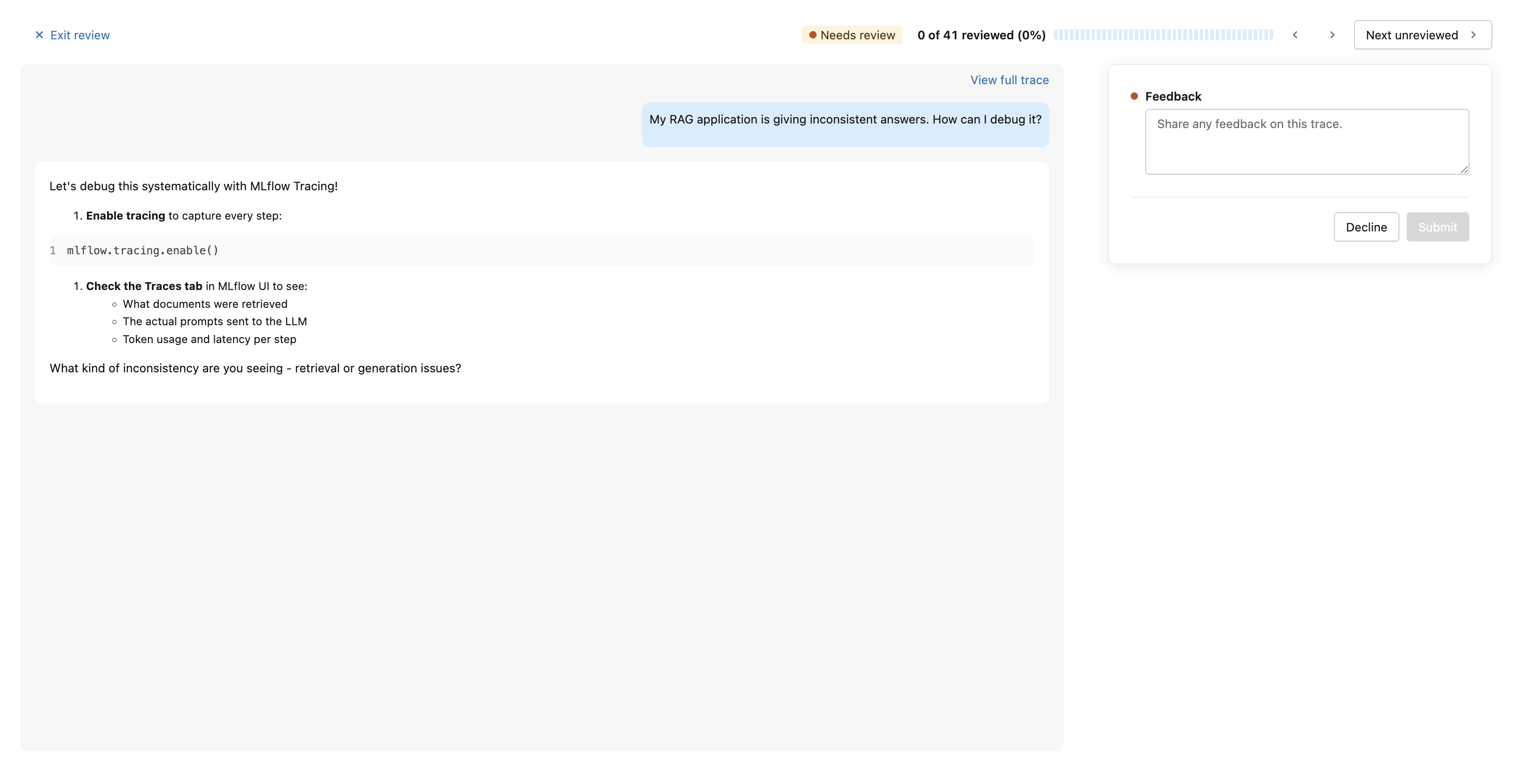 Reviewing a trace in the focused review page