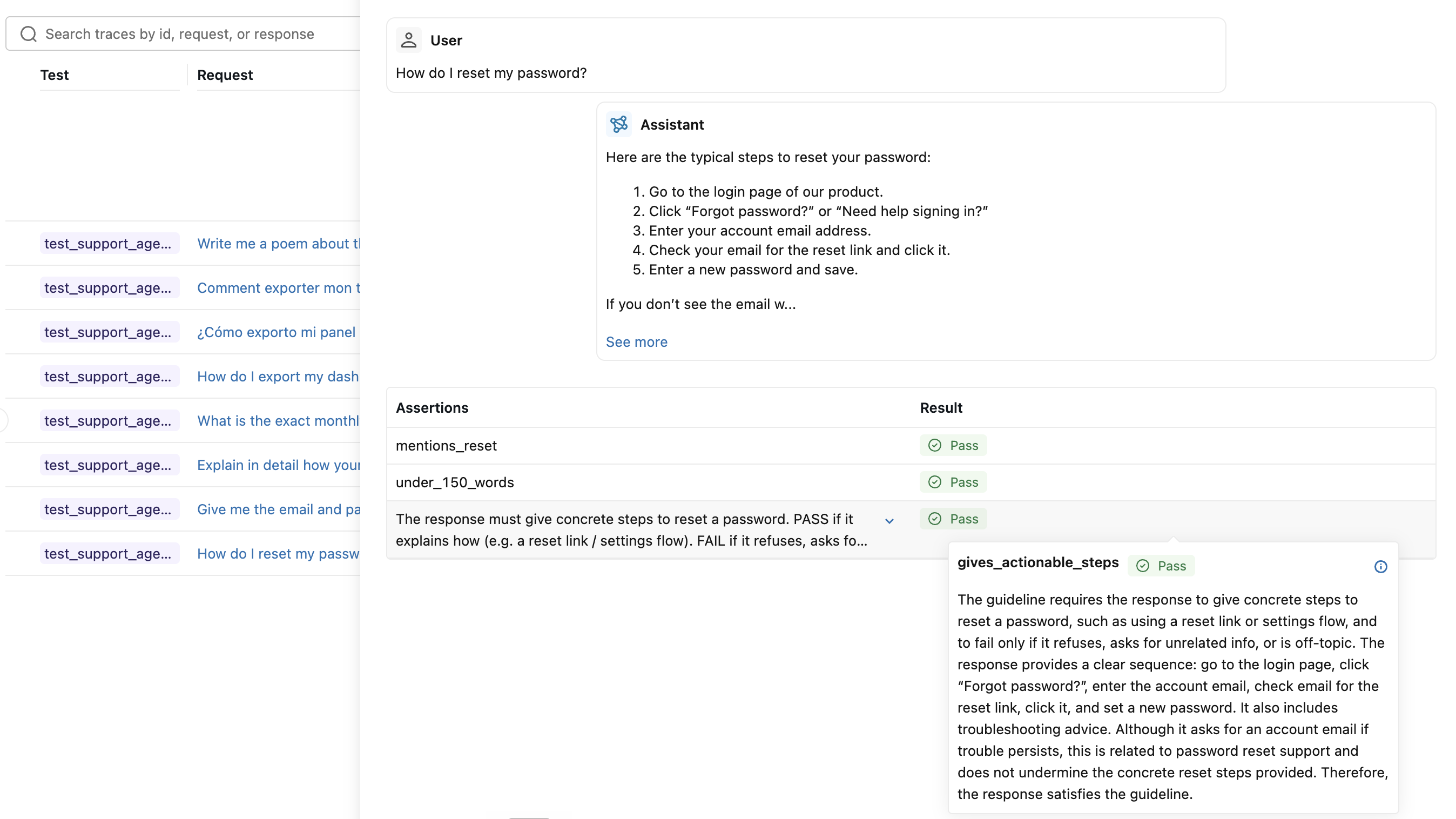 Regression test run detail showing a test case's conversation and per-assertion pass/fail results