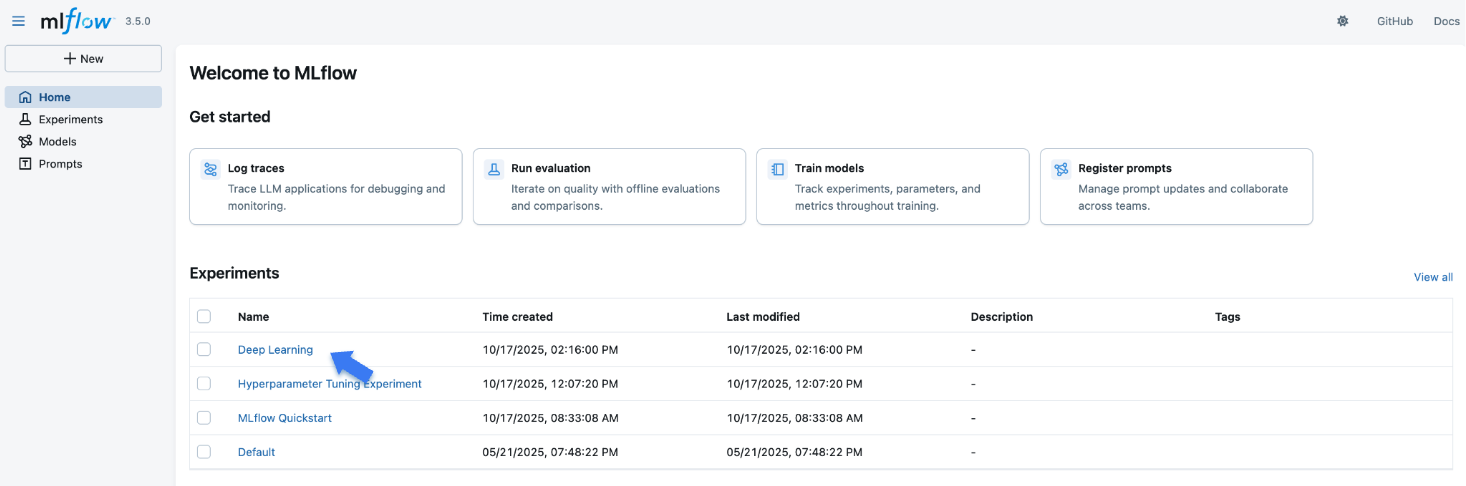 MLflow UI Home page