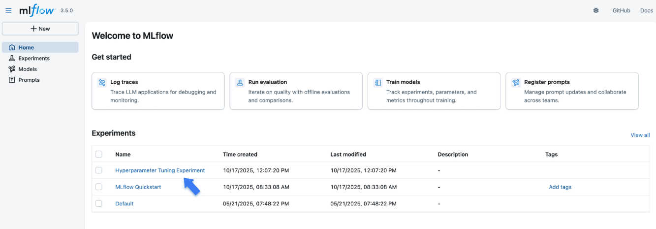 MLflow UI Home page
