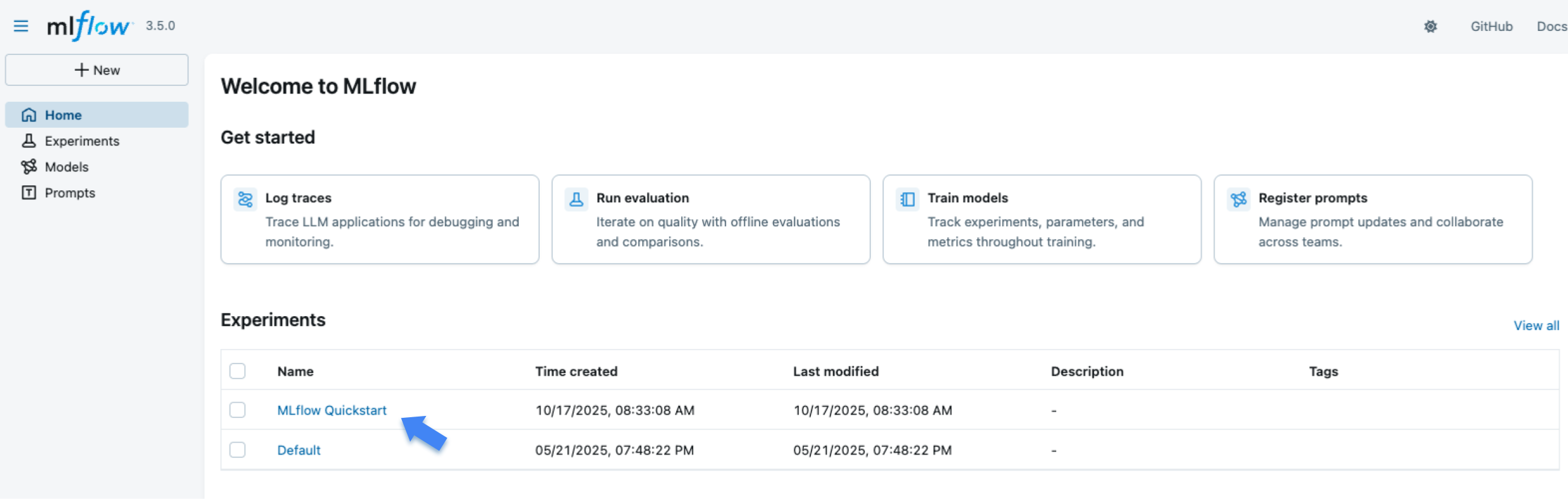 MLflow UI Home page